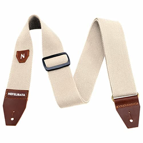 Nefelibata Guitar Strap with Pick Pocket, 100% Cotton and Leather End - Ideal for Guitarists and Kids — Beige