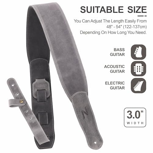 Vintage Gray Full Grain Leather 3-Inch Guitar Strap with Padding and Cable Organizer Loop for Kids, Men and Women