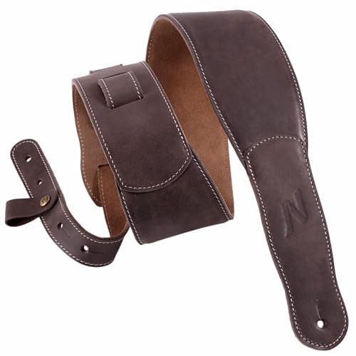 Vintage Gray Full Grain Leather 3-Inch Guitar Strap with Padding and Cable Organizer Loop for Kids, Men and Women — Dark Brown