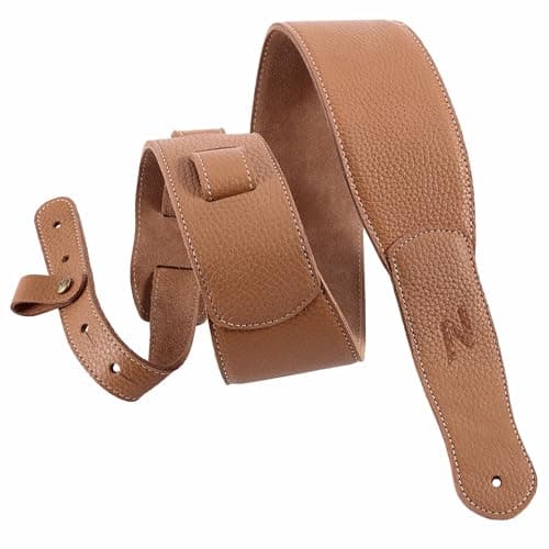 Vintage Gray Full Grain Leather 3-Inch Guitar Strap with Padding and Cable Organizer Loop for Kids, Men and Women — Tan