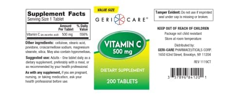 GeriCare Vitamin C 500 mg Tablets, 200 Count