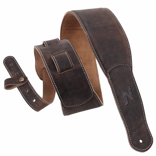 Vintage Gray Full Grain Leather 3-Inch Guitar Strap with Padding and Cable Organizer Loop for Kids, Men and Women — Chocolate Brown