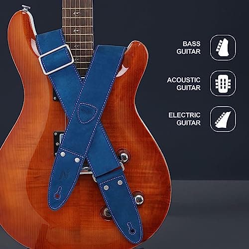 Nefelibata Guitar Strap, Full Grain Leather with Pick Pocket for Bass, Electric & Acoustic Guitar - Haze Blue