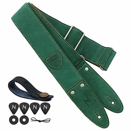 Nefelibata Guitar Strap, Full Grain Leather with Pick Pocket for Bass, Electric & Acoustic Guitar - Haze Blue — B#-christmas Green