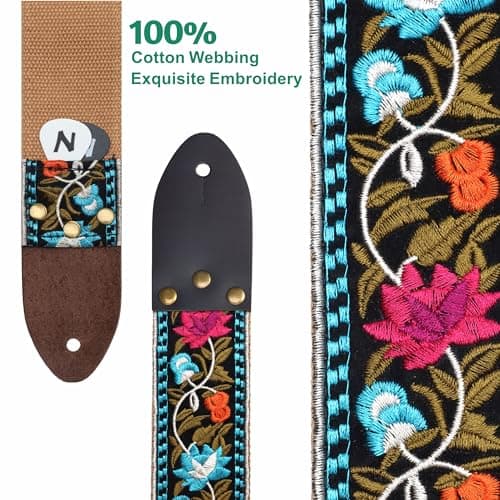 Vintage Jacquard Embroidery Cotton Guitar Strap with Leather Ends for Electric and Acoustic Guitars