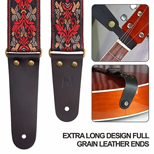 Jacquard Embroidery Guitar Strap, Full Grain Leather Ends with Hidden Pocket, for Bass, Electric and Acoustic Guitars