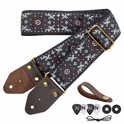 Nefelibata Guitar Strap with Crazy Horse Leather Ends for Bass, Electric & Acoustic — E#-brown Flower Embroidery