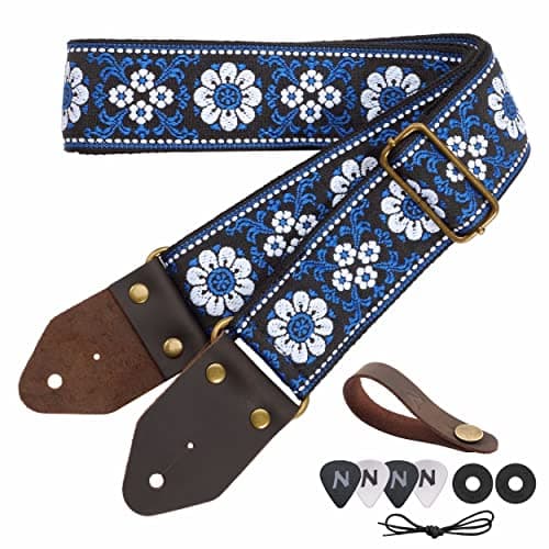 Nefelibata Guitar Strap with Crazy Horse Leather Ends for Bass, Electric & Acoustic — E#-white Flower Blue Embroidery