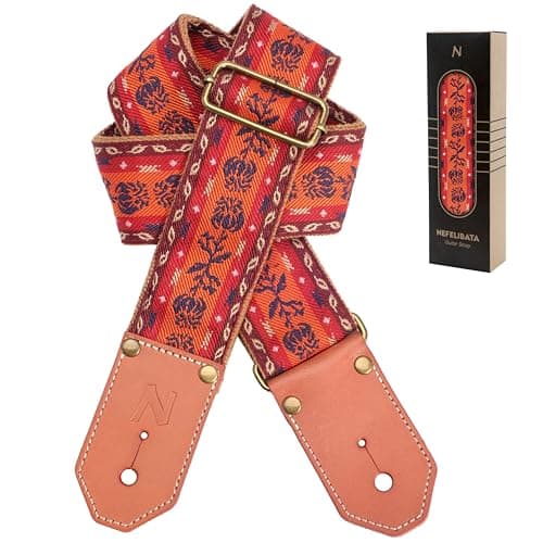 Cool Woven Guitar Strap with Leather Ends for Guitarists — Orange Flower