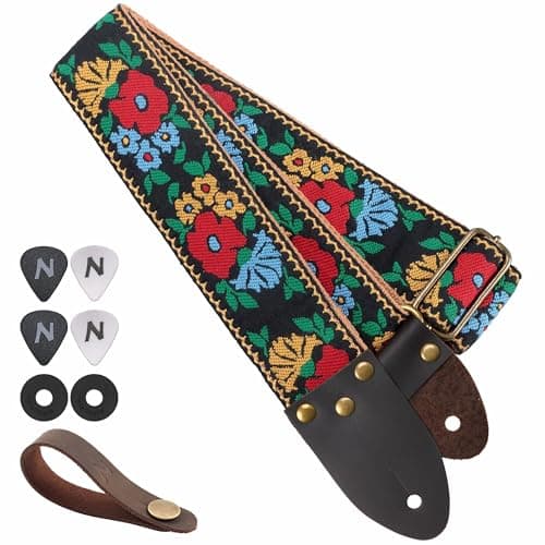 Vintage Jacquard Embroidery Cotton Guitar Strap with Leather Ends for Electric and Acoustic Guitars — Rustic Floral