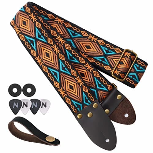 Vintage Jacquard Embroidery Cotton Guitar Strap with Leather Ends for Electric and Acoustic Guitars — Orange Diamond