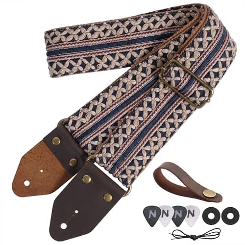 Nefelibata Guitar Strap with Crazy Horse Leather Ends for Bass, Electric & Acoustic — Zq#-gold Blue Embroidery