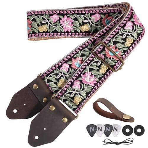Nefelibata Guitar Strap with Crazy Horse Leather Ends for Bass, Electric & Acoustic — F#-elegant Pink Flower Embroidery