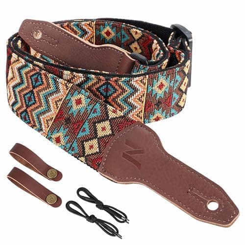Nefelibata Banjo Strap, 2 Wide Double Full Grain Cowhide Guitar Strap - Small Flower Embroidery — Boho Brown