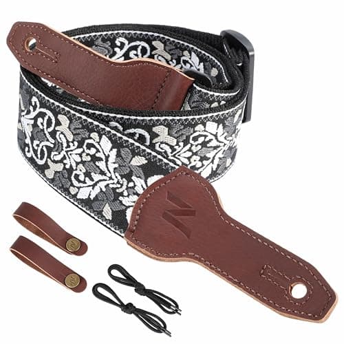 Nefelibata Banjo Strap, 2 Wide Double Full Grain Cowhide Guitar Strap - Small Flower Embroidery — White Flower Embroidery