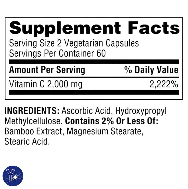Ultra Strength Vitamin C Capsules - 2,000 mg, 120 Count and Bookmark Gift of YOLOMOLO