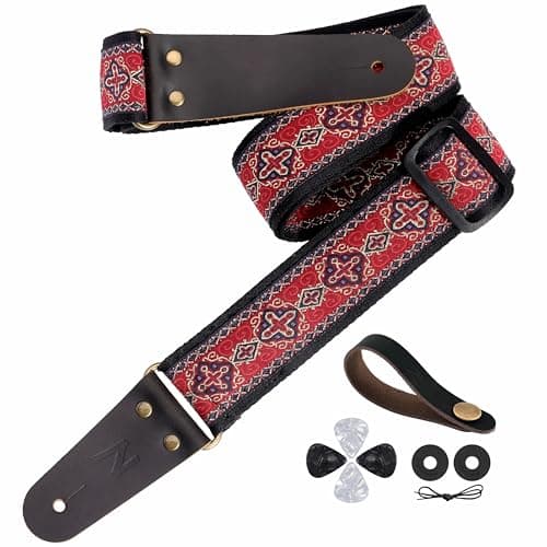 Embroidered Guitar Strap with Leather Ends & Pocket, for Bass & Electric Guitars — Red Cross