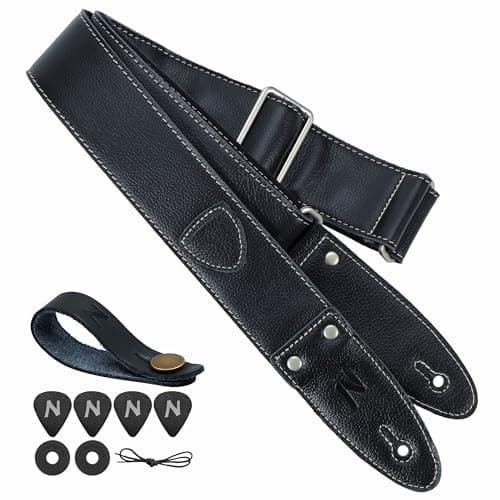 Nefelibata Guitar Strap, Full Grain Leather with Pick Pocket for Bass, Electric & Acoustic Guitar - Haze Blue — Ac#-mysterious Black