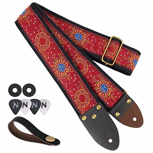 Vintage Jacquard Embroidery Cotton Guitar Strap with Leather Ends for Electric and Acoustic Guitars — Sun Flower