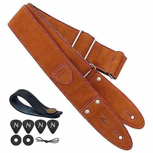 Nefelibata Guitar Strap, Full Grain Leather with Pick Pocket for Bass, Electric & Acoustic Guitar - Haze Blue — B#-coffee Brown