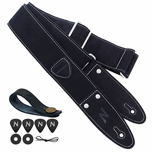 Nefelibata Guitar Strap, Full Grain Leather with Pick Pocket for Bass, Electric & Acoustic Guitar - Haze Blue — A#-star Black