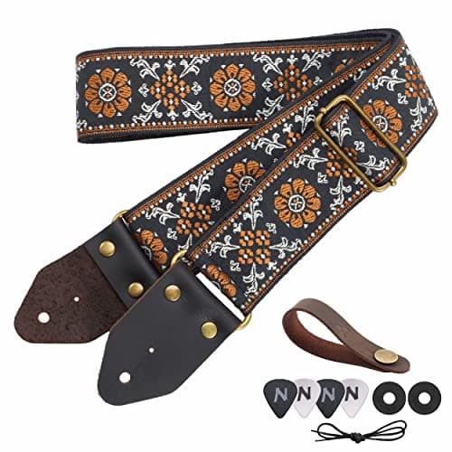 Nefelibata Guitar Strap with Crazy Horse Leather Ends for Bass, Electric & Acoustic — E#-retro Yellow Flower Embroidery