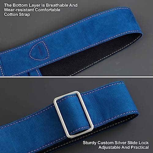 Nefelibata Guitar Strap, Full Grain Leather with Pick Pocket for Bass, Electric & Acoustic Guitar - Haze Blue