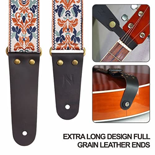 Embroidered Guitar Strap with Leather Ends & Pocket, for Bass & Electric Guitars