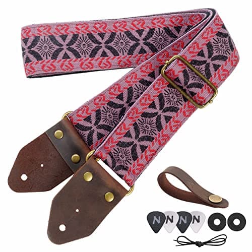 Nefelibata Guitar Strap with Crazy Horse Leather Ends for Bass, Electric & Acoustic — Y#-embroidered Red