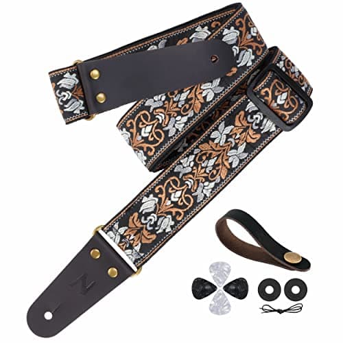 Jacquard Embroidery Guitar Strap, Full Grain Leather Ends with Hidden Pocket, for Bass, Electric and Acoustic Guitars — Retro Brown Flower