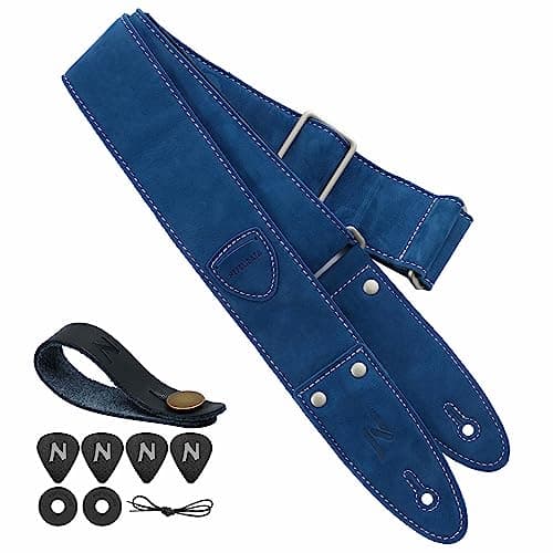 Nefelibata Guitar Strap, Full Grain Leather with Pick Pocket for Bass, Electric & Acoustic Guitar - Haze Blue