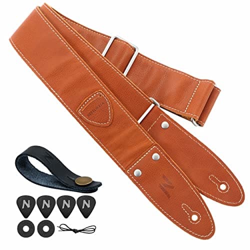 Nefelibata Guitar Strap, Full Grain Leather with Pick Pocket for Bass, Electric & Acoustic Guitar - Haze Blue — A#-vintage Brown