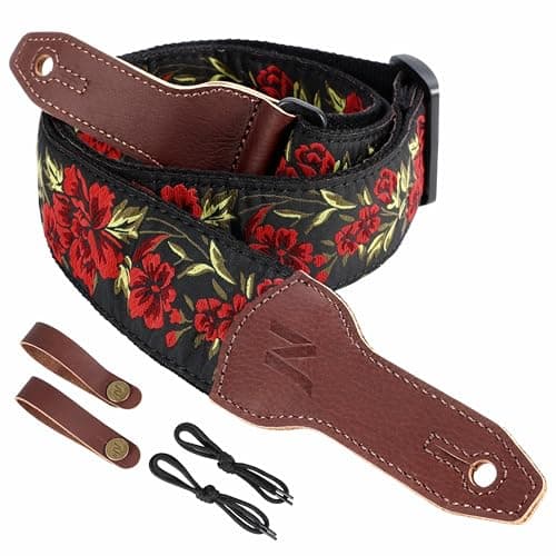 Nefelibata Banjo Strap, 2 Wide Double Full Grain Cowhide Guitar Strap - Small Flower Embroidery — Large Red Embroidery