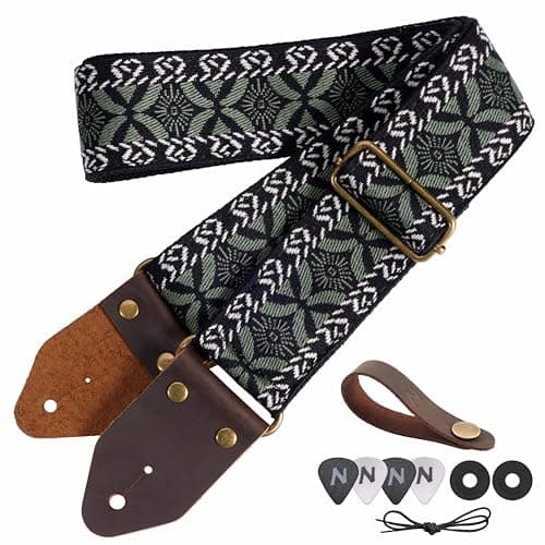 Nefelibata Guitar Strap with Crazy Horse Leather Ends for Bass, Electric & Acoustic — F#-army Green Floral Embroidery