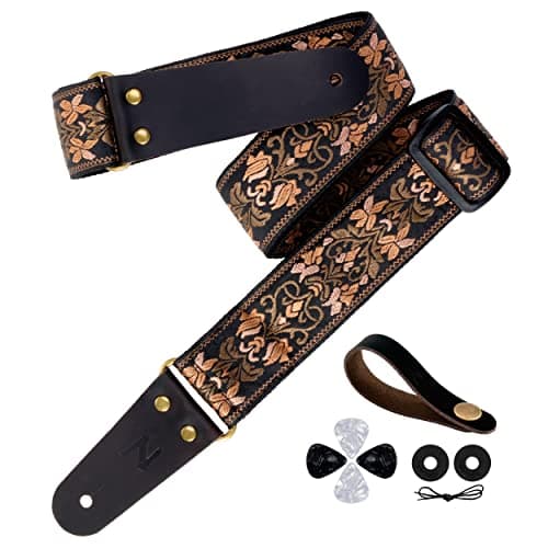 Jacquard Embroidery Guitar Strap, Full Grain Leather Ends with Hidden Pocket, for Bass, Electric and Acoustic Guitars — Retro Gold Flowers