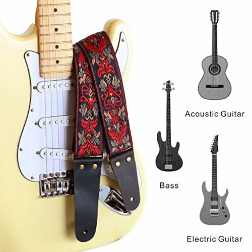Jacquard Embroidery Guitar Strap, Full Grain Leather Ends with Hidden Pocket, for Bass, Electric and Acoustic Guitars