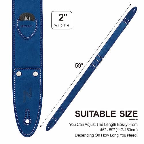 Nefelibata Guitar Strap, Full Grain Leather with Pick Pocket for Bass, Electric & Acoustic Guitar - Haze Blue