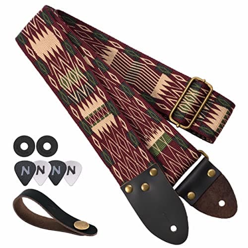 Vintage Jacquard Embroidery Cotton Guitar Strap with Leather Ends for Electric and Acoustic Guitars — Red Brown Diamond Vintage Grosgrain Weave