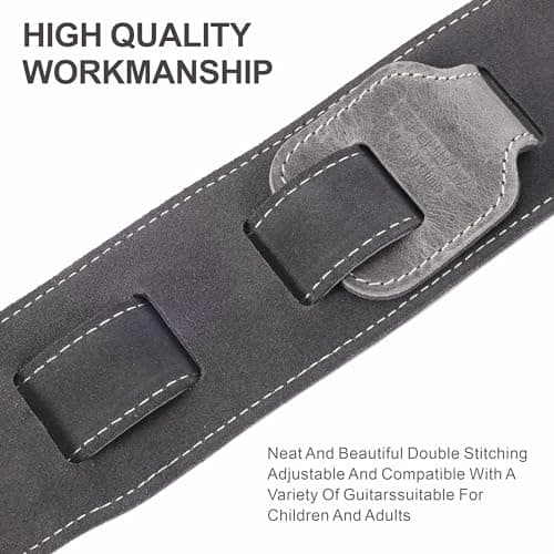 Vintage Gray Full Grain Leather 3-Inch Guitar Strap with Padding and Cable Organizer Loop for Kids, Men and Women