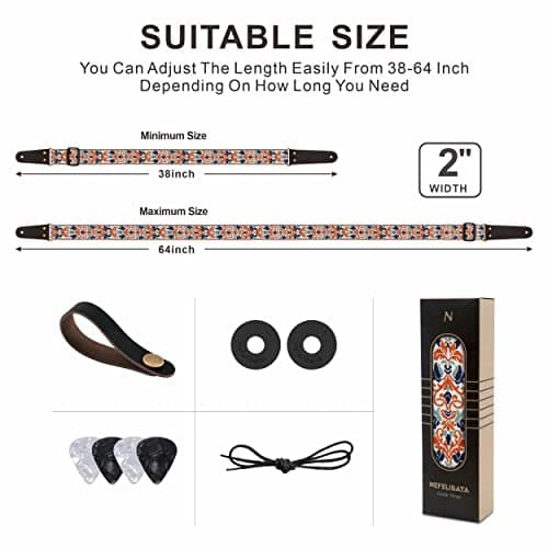 Embroidered Guitar Strap with Leather Ends & Pocket, for Bass & Electric Guitars
