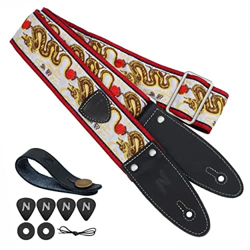 Nefelibata Guitar Strap, Full Grain Leather with Pick Pocket for Bass, Electric & Acoustic Guitar - Haze Blue — Golden Dragon Embroidery