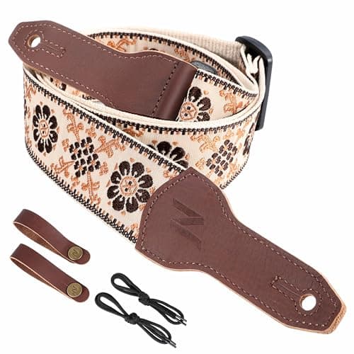 Nefelibata Banjo Strap, 2 Wide Double Full Grain Cowhide Guitar Strap - Small Flower Embroidery — Light Yellow Flower Embroidery