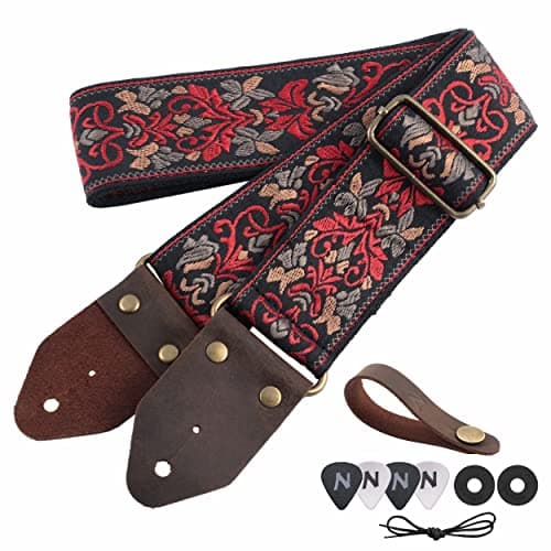 Nefelibata Guitar Strap with Crazy Horse Leather Ends for Bass, Electric & Acoustic — Retro Red Flower