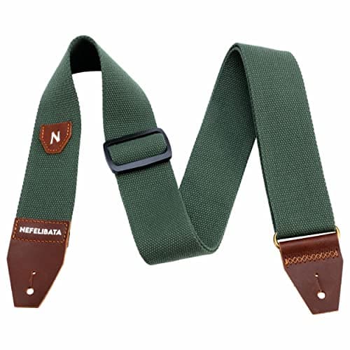 Nefelibata Guitar Strap with Pick Pocket, 100% Cotton and Leather End - Ideal for Guitarists and Kids — Dark Green