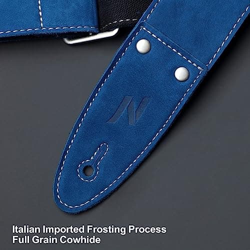 Nefelibata Guitar Strap, Full Grain Leather with Pick Pocket for Bass, Electric & Acoustic Guitar - Haze Blue