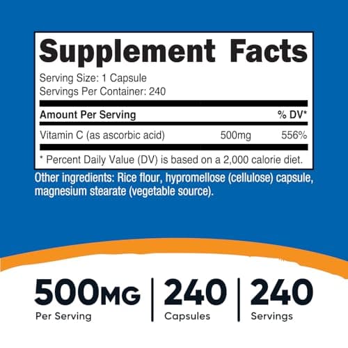 Vitamin C 500mg Capsules, Vegetarian, Gluten Free & Non-GMO