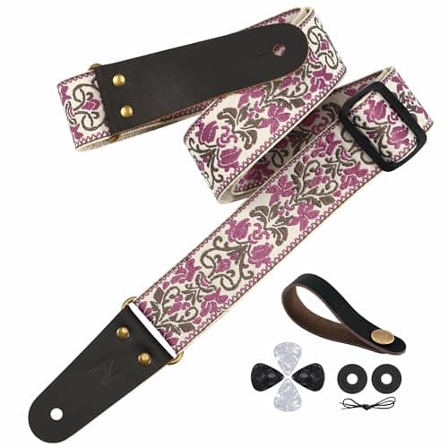 Jacquard Embroidery Guitar Strap, Full Grain Leather Ends with Hidden Pocket, for Bass, Electric and Acoustic Guitars — Retro Violet Flowers