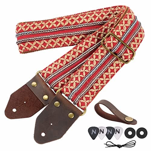 Nefelibata Guitar Strap with Crazy Horse Leather Ends for Bass, Electric & Acoustic — Z#-red Gold Embroidery