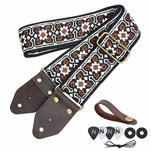 Nefelibata Guitar Strap with Crazy Horse Leather Ends for Bass, Electric & Acoustic — Vintage White Embroidery