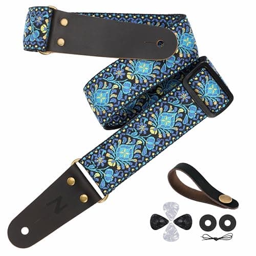 Embroidered Guitar Strap with Leather Ends & Pocket, for Bass & Electric Guitars — Blue Flowers